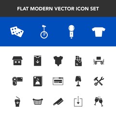 Modern, simple vector icon set with business, glass, chocolate, bike, dessert, photo, dice, baby, success, circus, child, microphone, technology, menu, web, work, drink, camera, sign, clothes icons