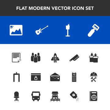 Modern, simple vector icon set with space, decoration, potato, frame, image, candle, scan, internet, rocket, craft, holder, cone, cutlery, communication, text, document, envelope, vegetable, web icons