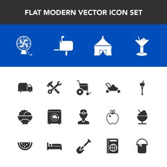 Modern, simple vector icon set with paint, gardening, mailbox, handicap, mail, tent, delivery, wine, glass, dentistry, painter, bucket, tool, service, hammer, air, drink, medicine, spanner, wash icons