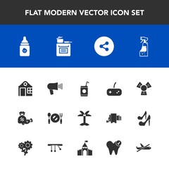 Modern, simple vector icon set with estate, knife, drink, loudspeaker, plate, game, tropical, spray, modern, cooking, button, communication, liquid, housework, leaf, sign, glass, nutrition, cold icons