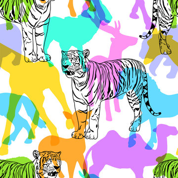 White tiger with colorful silhouette wildlife animals, seamless pattern. Wild animal design trendy fabric texture, illustration.