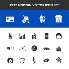 Modern, simple vector icon set with volume, food, handicap, chemistry, dental, shop, taiko, map, sign, speaker, kitchen, business, ice, work, helmet, sale, location, data, road, sound, dessert icons