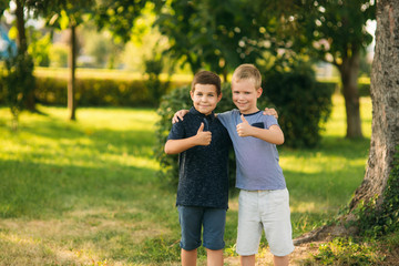 Fototapeta premium Two children are playing in the park. Two beautiful boys in T-shirts and shorts have fun smiling
