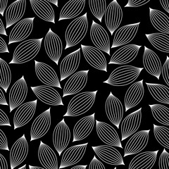Black and white elegant leaves with veins seamless pattern, vector