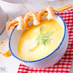 rustic asparagus soup with shrimp skew and diel