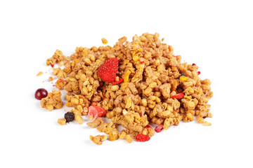 Granola with dried fruits isolated on white