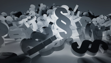 3D rendering law paragraph icons falling on the floor