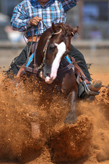 The front view of a rider in jeans, cowboy chaps and checkered shirt on a reining horse slides to a...