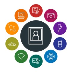 mobile, video, photos, cursors Infographic Colorful outline Icons Set. Contains such Icons as  photography, wireless,  background,  network,  shot,  adult,  no and more. Fully Editable. Pixel Perfect