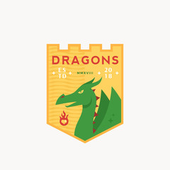 Dragons Medeival Sports Team Emblem. Abstract Vector Sign, Symbol or Logo Template. Mythical Reptile in a Shield with Retro Typography.