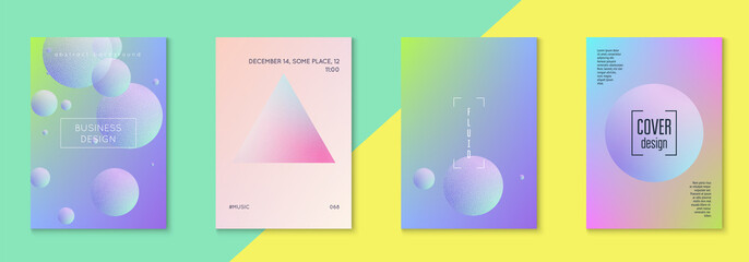 Minimal shapes cover set with holographic fluid. Gradient on vibrant background. Modern hipster template for placard, cover, banner, flyer, presentation, annual. Minimal shapes cover in neon colors.
