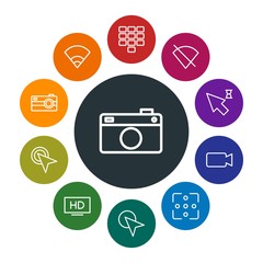 mobile, video, photos, cursors Infographic Colorful outline Icons Set. Contains such Icons as  equipment, internet,  keyboard,  media,  button,  sign,  lens, hd and more. Fully Editable. Pixel Perfect