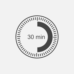 A clock icon indicating a time interval of 30 minutes. thirty minutes on the clock