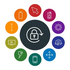 mobile, video, photos, cursors Infographic Colorful outline Icons Set. Contains such Icons as  computer,  interface,  internet,  pointer,  scroll,  network,  no and more. Fully Editable. Pixel Perfect