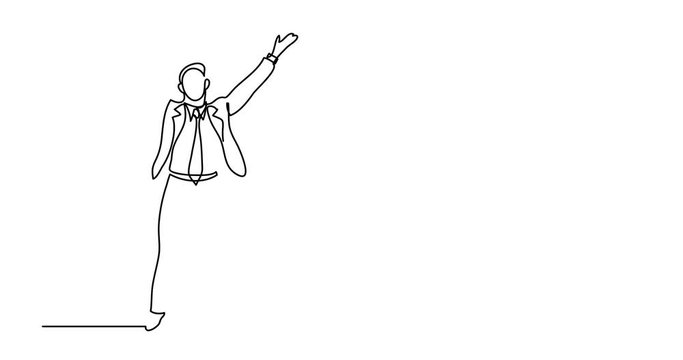 Self drawing animation of continuous line drawing of emotional business person raising hands to heaven