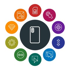 mobile, video, photos, cursors Infographic Colorful outline Icons Set. Contains such Icons as  mobile,  flash,  point,  double,  photography,  dual, cursor,  pc and more. Fully Editable. Pixel Perfect