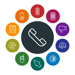 mobile, video, photos, cursors Infographic Colorful outline Icons Set. Contains such Icons as  connection,  retro,  vintage,  full,  call,  battery, pointer and more. Fully Editable. Pixel Perfect