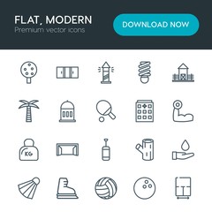 Modern Simple Set of sports, nature, buildings Vector outline Icons. Contains such Icons as  ice, lighthouse, tree,  house,  energy,  home and more on white background. Fully Editable. Pixel Perfect