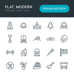 Modern Simple Set of sports, nature, buildings Vector outline Icons. Contains such Icons as forest,  road,  lock,  interior,  home,  organic and more on white background. Fully Editable. Pixel Perfect