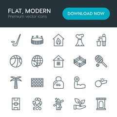 Modern Simple Set of sports, nature, buildings Vector outline Icons. Contains such Icons as  soccer,  arena, mill,  environment, referee and more on white background. Fully Editable. Pixel Perfect
