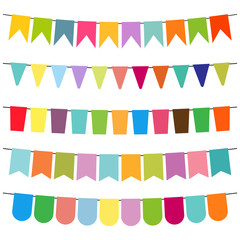 Colorful flags and bunting garlands for decoration. Decor elements with various patterns. Vector illustration
