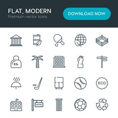 Modern Simple Set of sports, nature, buildings Vector outline Icons. Contains such Icons as  barrel, global,  tennis,  earth, fuel, eco, ice and more on white background. Fully Editable. Pixel Perfect