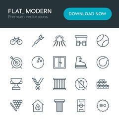 Modern Simple Set of sports, nature, buildings Vector outline Icons. Contains such Icons as  wheel,  arena,  column,  smoke,  dartboard, bio and more on white background. Fully Editable. Pixel Perfect