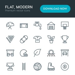 Modern Simple Set of sports, nature, buildings Vector outline Icons. Contains such Icons as  sport,  car,  shirt,  mechanic,  game, ladder and more on white background. Fully Editable. Pixel Perfect