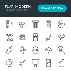 Modern Simple Set of sports, nature, buildings Vector outline Icons. Contains such Icons as basketball,  building,  classic,  door,  garbage and more on white background. Fully Editable. Pixel Perfect