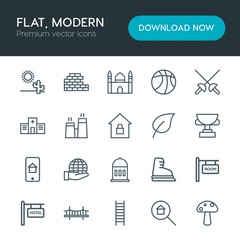 Modern Simple Set of sports, nature, buildings Vector outline Icons. Contains such Icons as  sky,  landscape,  road,  real,  eco, house and more on white background. Fully Editable. Pixel Perfect