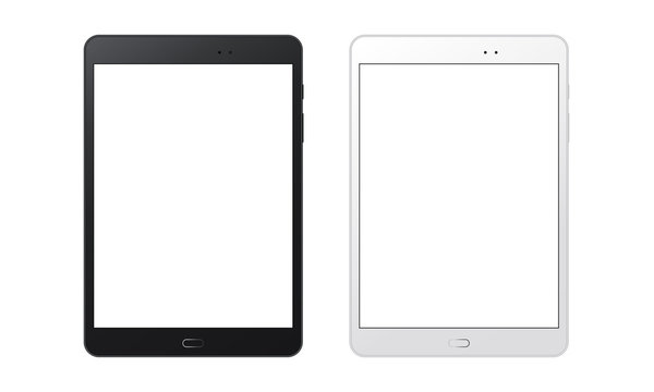 Black and white tablet computers mockups with blank screens. Responsive screens to display your mobile web site design. Vector illustration