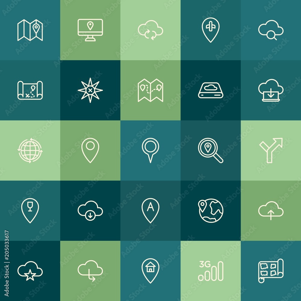 Poster modern simple set of location, cloud and networking, mobile vector outline icons. contains such icon