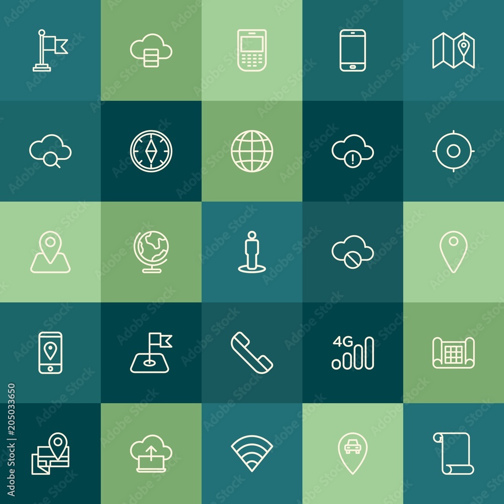Poster modern simple set of location, cloud and networking, mobile vector outline icons. contains such icon