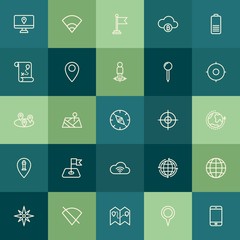 Modern Simple Set of location, cloud and networking, mobile Vector outline Icons. Contains such Icons as  communication, phone,  banner and more on green background. Fully Editable. Pixel Perfect.