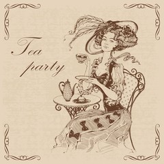 Beautiful vintage lady. Tea party.Inscription.  Girl in a hat drinking tea. Engraving. Graphics. Brown. Vector