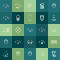 Modern Simple Set of location, cloud and networking, mobile Vector outline Icons. Contains such Icons as card,  money,  destination,  ship and more on green background. Fully Editable. Pixel Perfect.