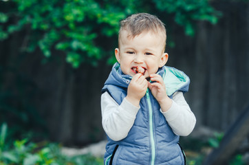 baby, little boy eating a piece of shish kebab meat, outdoors