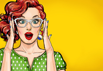 Surprised Pop Art woman in hipster glasses. Advertising poster or party invitation with sexy club girl with open mouth in comic style. - obrazy, fototapety, plakaty
