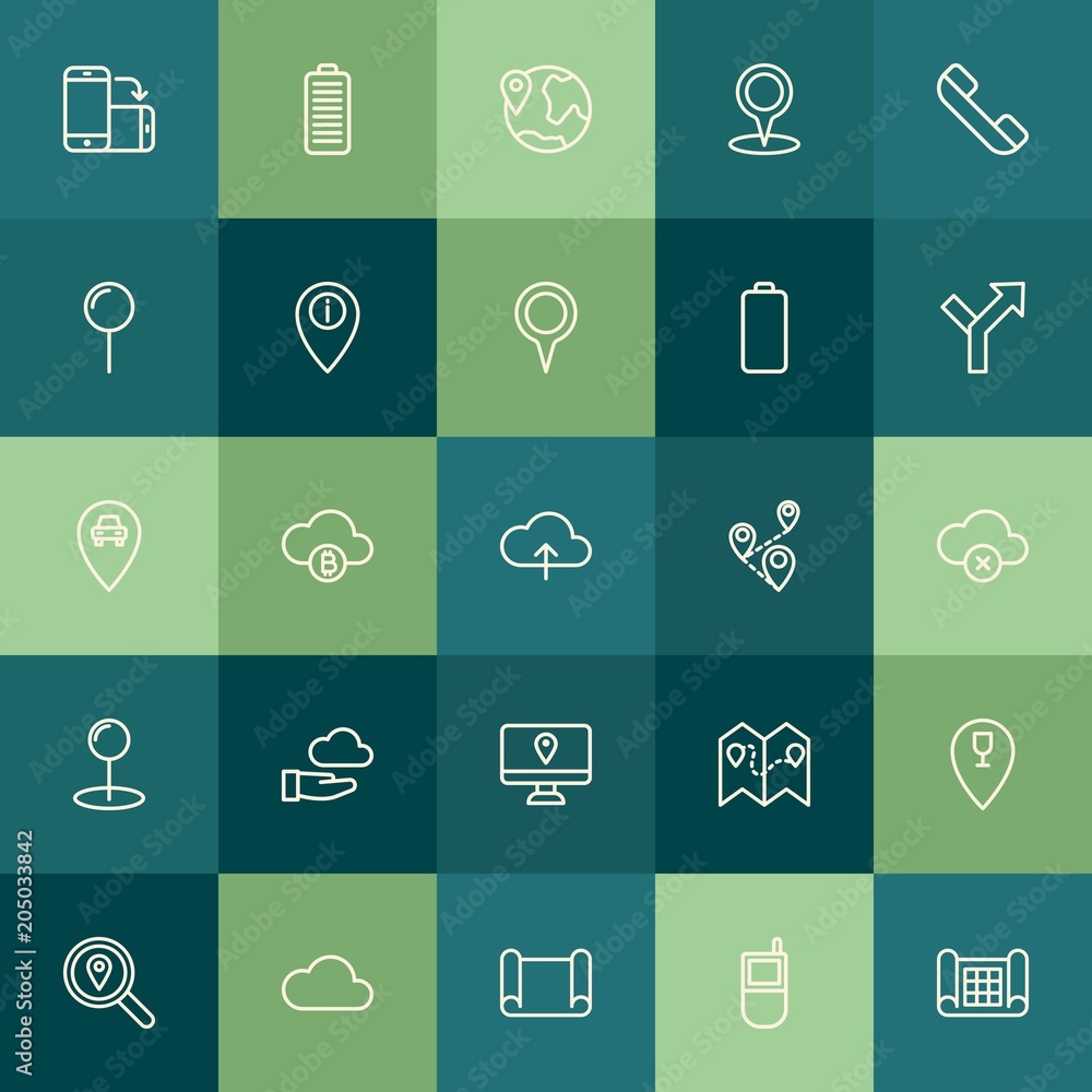Poster modern simple set of location, cloud and networking, mobile vector outline icons. contains such icon