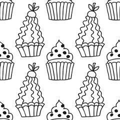 Cakes, sweet dessert. Black and white seamless pattern for coloring book or page.