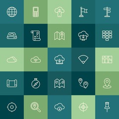 Modern Simple Set of location, cloud and networking, mobile Vector outline Icons. Contains such Icons as direction,  wireless,  network and more on green background. Fully Editable. Pixel Perfect.