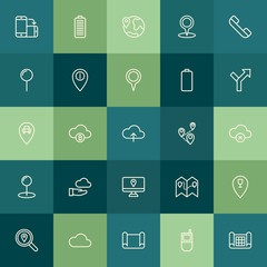 Modern Simple Set of location, cloud and networking, mobile Vector outline Icons. Contains such Icons as cloud,  blue,  power,  web,  map and more on green background. Fully Editable. Pixel Perfect.
