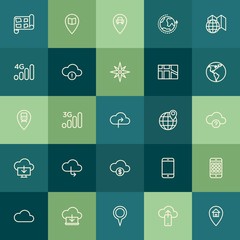 Modern Simple Set of location, cloud and networking, mobile Vector outline Icons. Contains such Icons as  3g,  city,  phone, map,  house and more on green background. Fully Editable. Pixel Perfect.