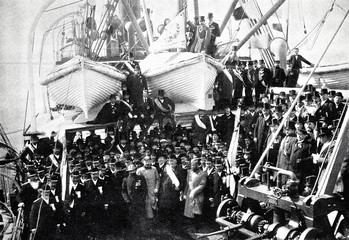 Die Mitglieder des deutschen Kriegerbundes New-York an Bord der Batavia in Hamburg 