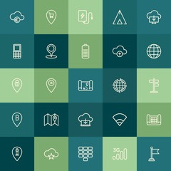 Modern Simple Set of location, cloud and networking, mobile Vector outline Icons. Contains such Icons as  travel,  internet, technology and more on green background. Fully Editable. Pixel Perfect.