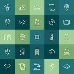 Modern Simple Set of location, cloud and networking, mobile Vector outline Icons. Contains such Icons as map,  position,  information,  web and more on green background. Fully Editable. Pixel Perfect.
