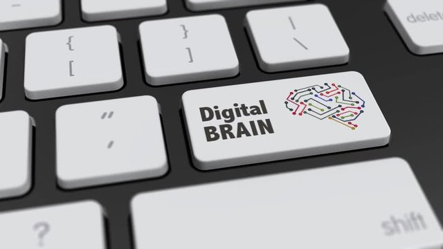 Digital Brain Button On Computer Keyboard. Key Is Pressed