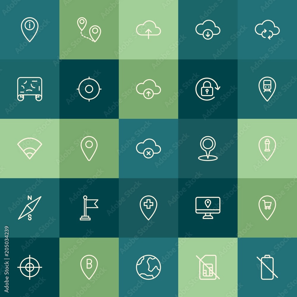 Poster modern simple set of location, cloud and networking, mobile vector outline icons. contains such icon