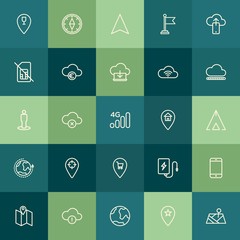 Modern Simple Set of location, cloud and networking, mobile Vector outline Icons. Contains such Icons as  web,  globe,  marker, cloud,  map and more on green background. Fully Editable. Pixel Perfect.