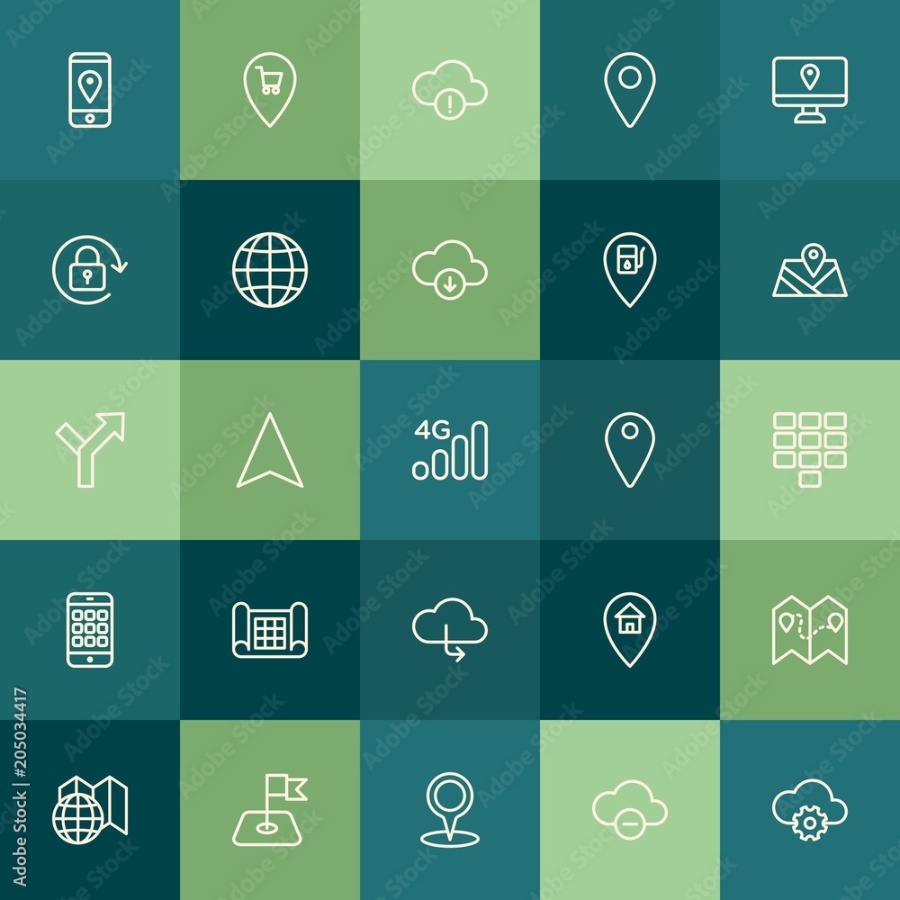 Poster modern simple set of location, cloud and networking, mobile vector outline icons. contains such icon